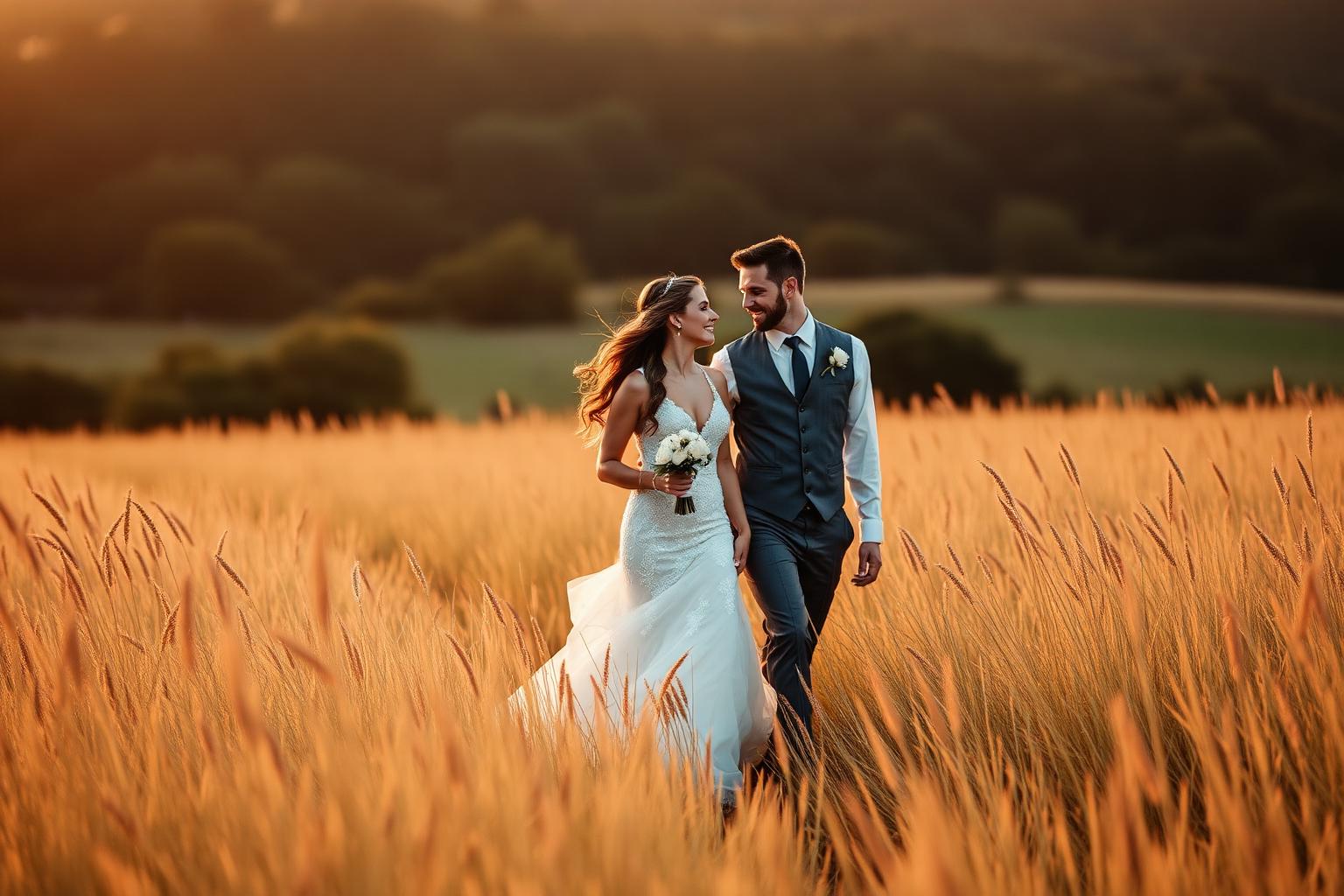 Sarah and Michael walking through a golden field